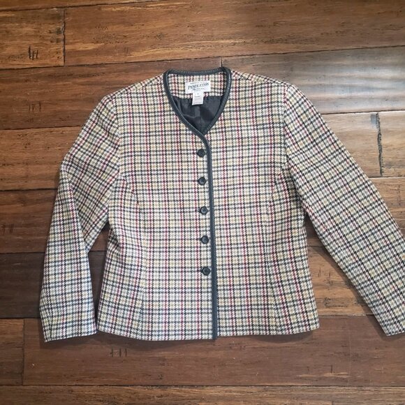 Pendleton Size 6 Petite Virgin Wool Lined Jacket Houndstooth Faux Leather Trim - Picture 4 of 10